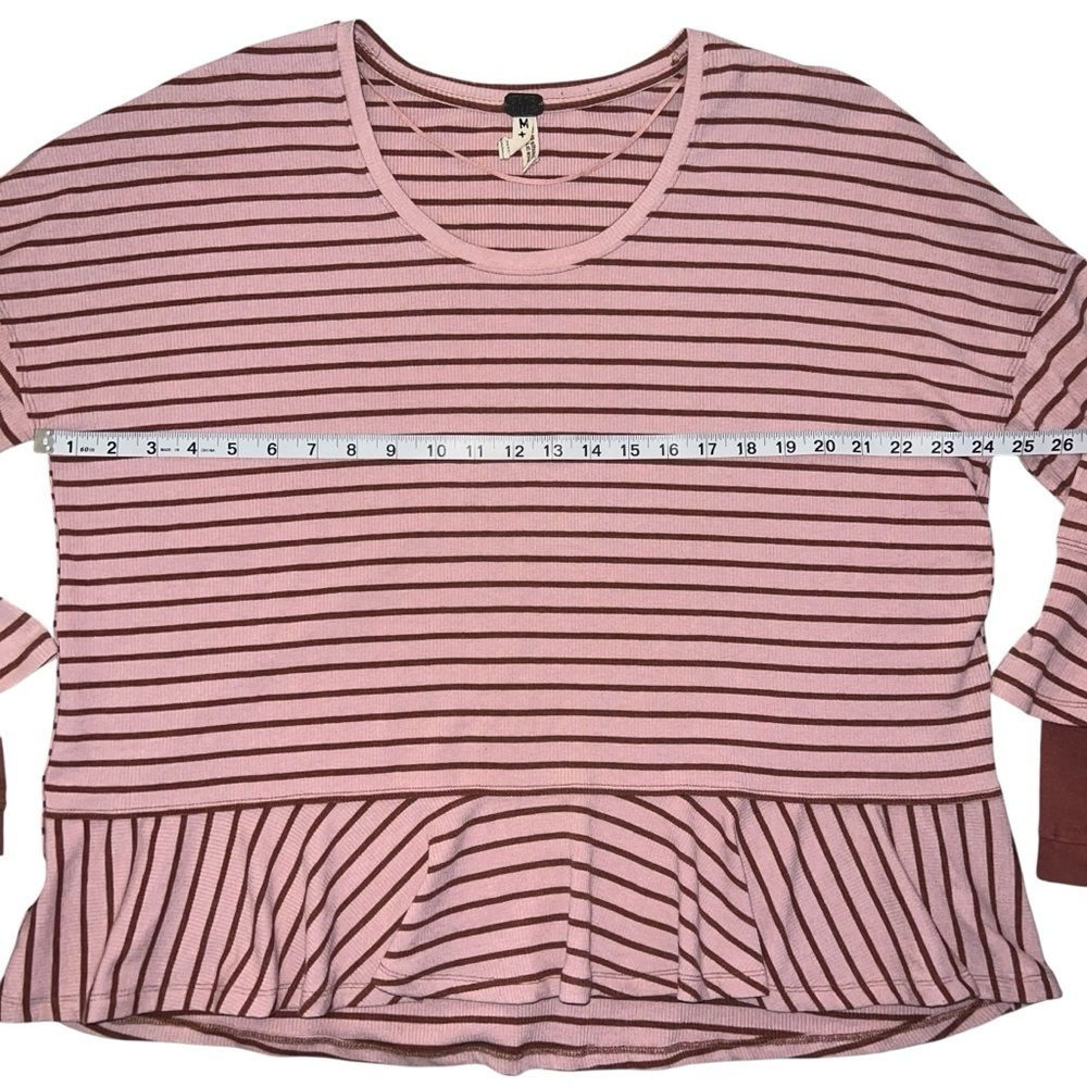 EUC Free People Round About Thermal Peplum LS Tee Stripe Pink Brown Medium - Picture 9 of 10